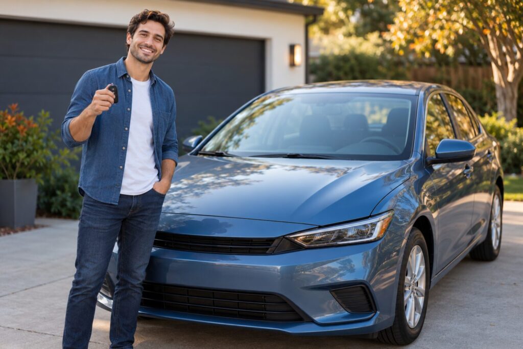 A young man smiling beside a sedan, holding up the key fob