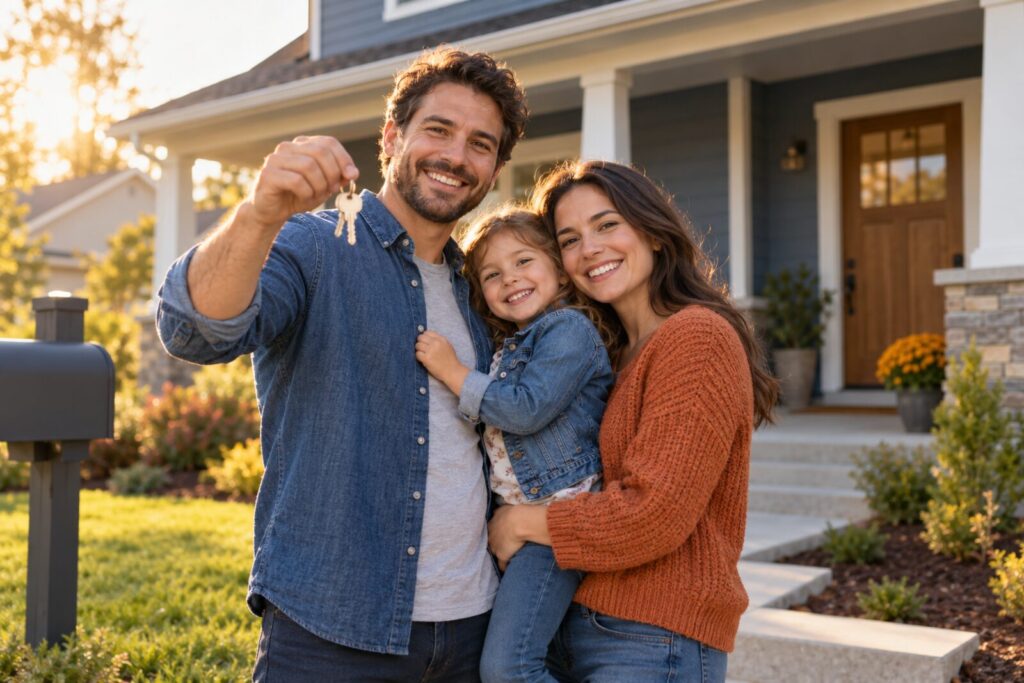 A smiling family on the steps of their new home, holding up the house keys