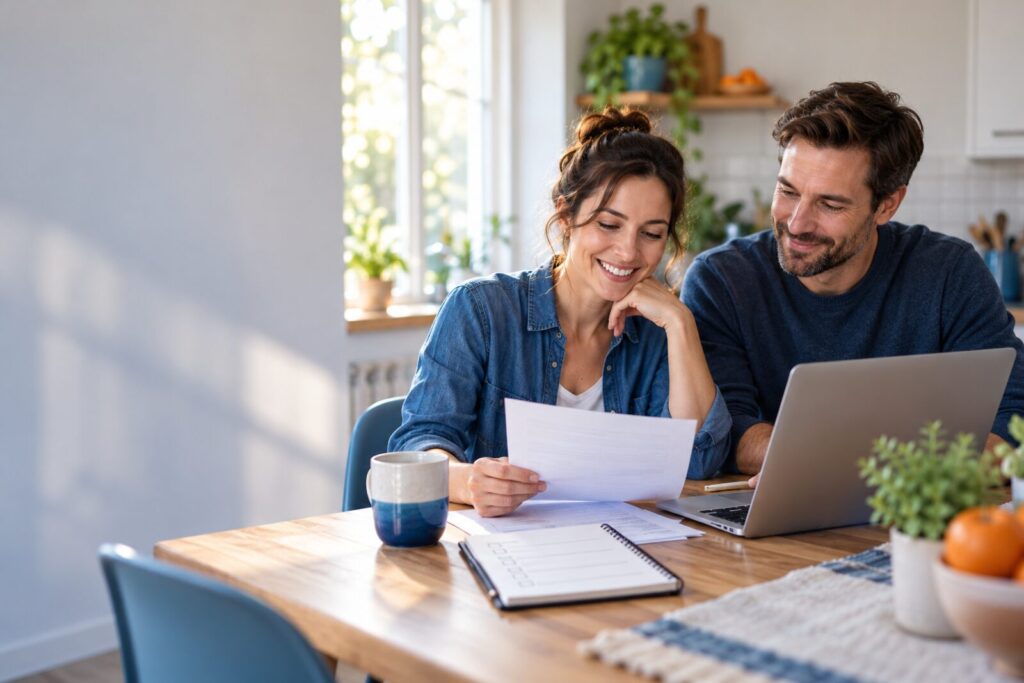 A couple at their kitchen table reviewing paperwork and a laptop together, smiling