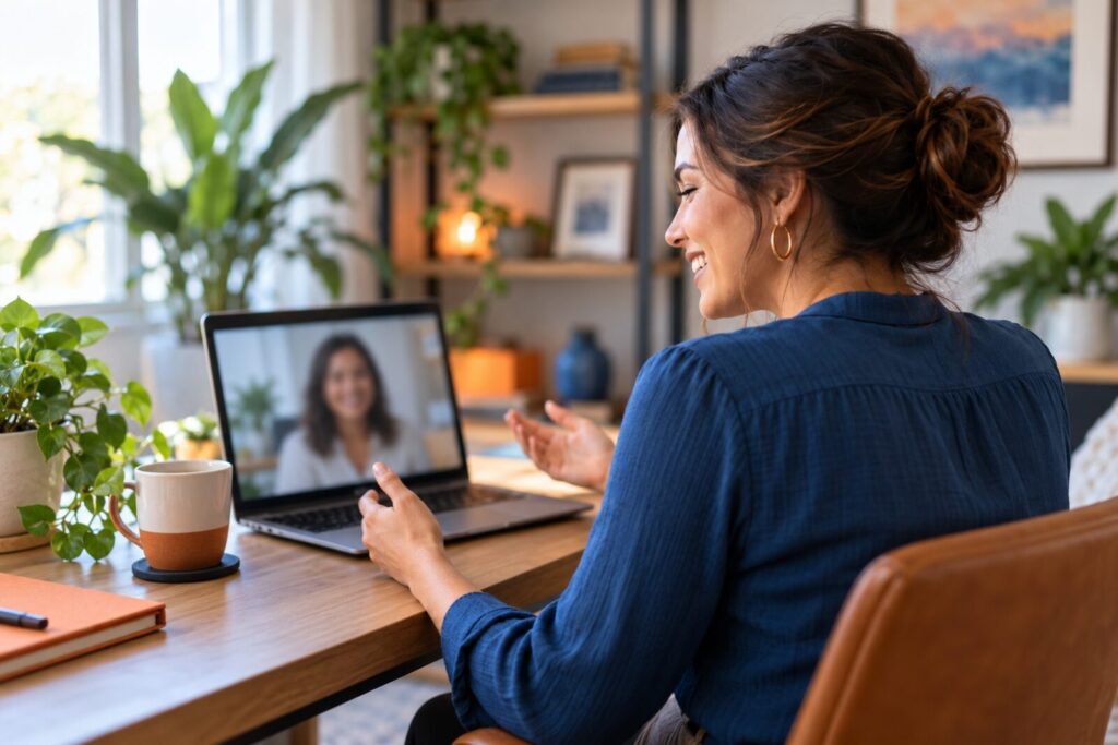 A credit specialist smiling during a video call with a client